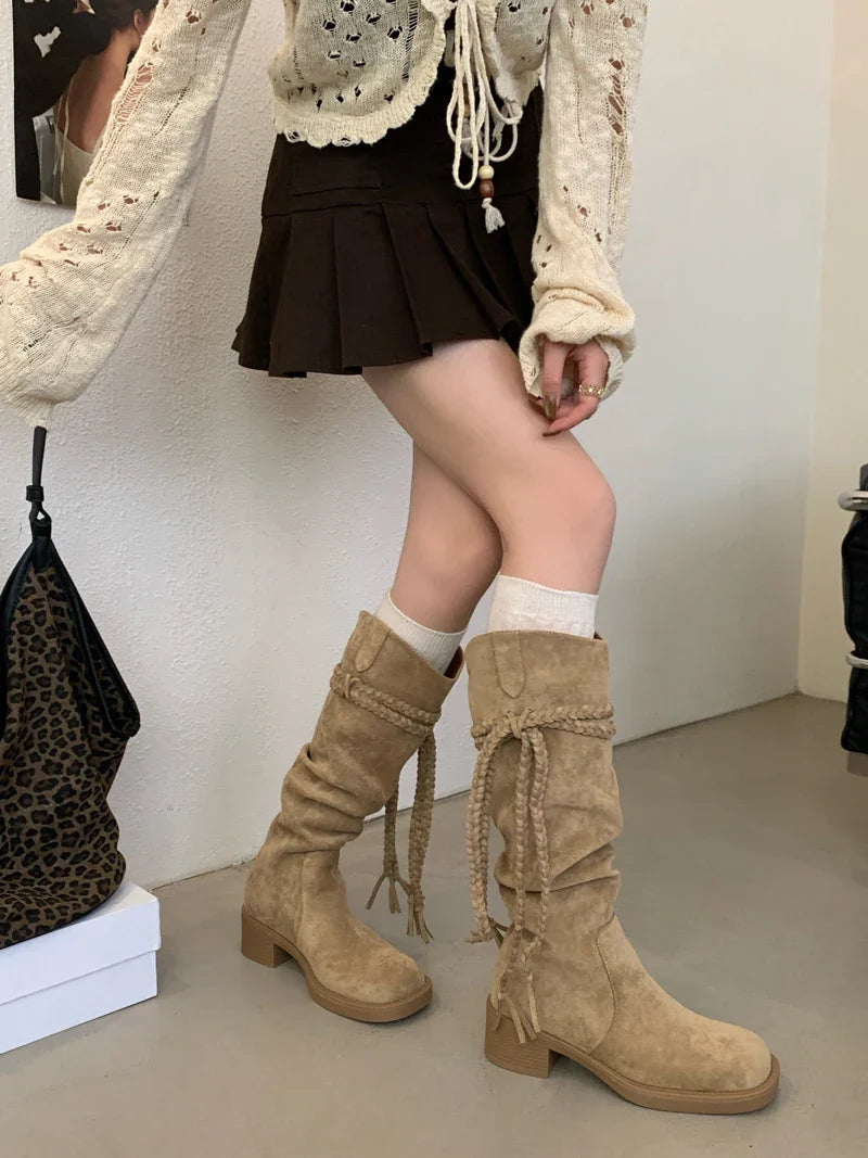 Brown Suede Boots Woman Round Toe Fall Gothic Shoes Chunky Heels Knee High Boots Western Style Shoes