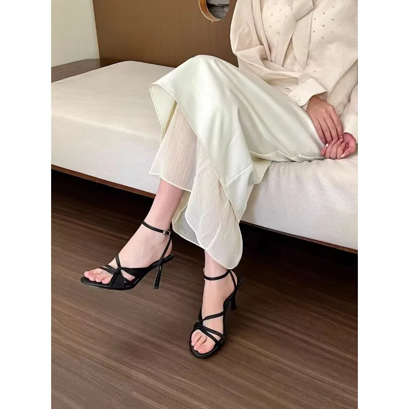 Beautiful apricot thick satin high heels dress single-line buckle stiletto sandals French open-toe hollow shoes