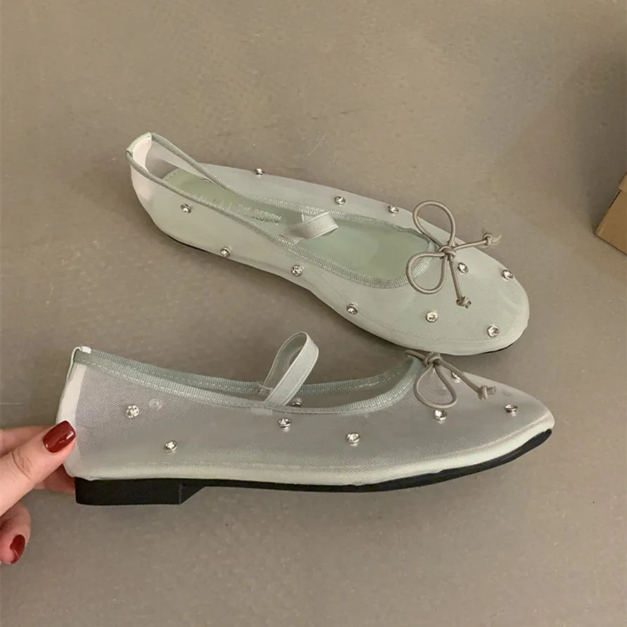 Flat Shoes Mesh Elegant Mary Jane Shoes Soft Sole Outdoor Dress Ballerinas