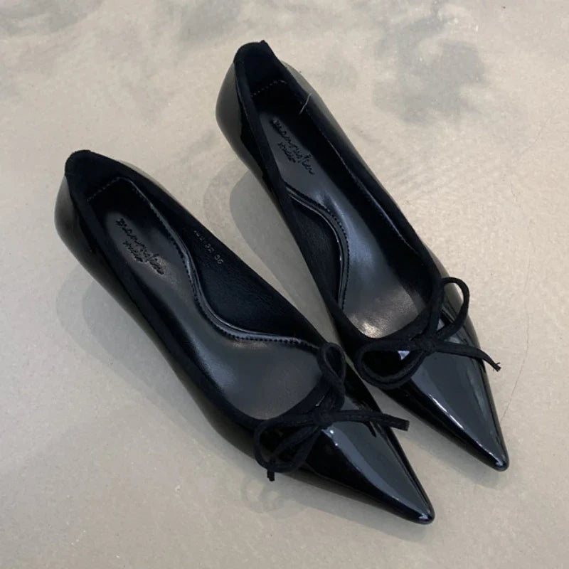 Pointed Toe Pumps Single Shoes Bowknot Patent Leather Office Shallow Elegant Brand High Heels Tacones