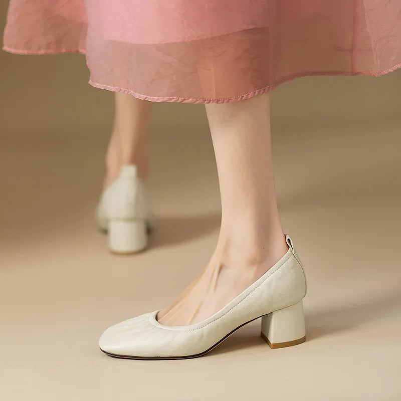 Oxford Shoes Vintage Pumps Mid Heels Square Toe Pumps Slip on Sewing High Heels Boat Shoes Elegant