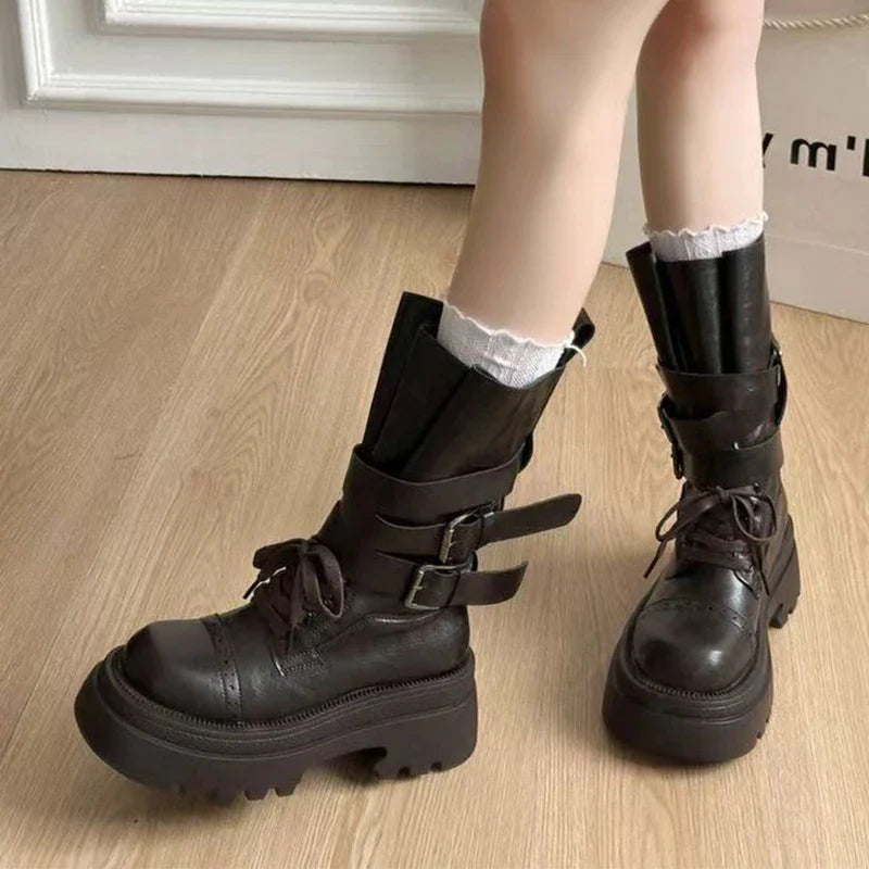 Mid Calf Boots Flats Platform Shoes Lace Up Woman Buckle Chelsea Boots Sport Walking Shoes
