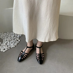T-strap Rome Flat Sandals Hollow Out Vintage Mary Janes Shoes Pu Leather Holiday Elegant Gladiator Sandals