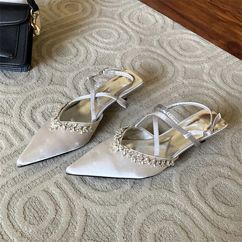 CRYSTAL Pointed Toe Narrow Band Woman Pumps Sandals Elegant Thin Low Heels Slingbacks Buckle Strap