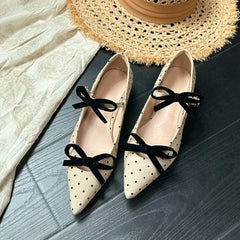 Cute Bow Double Buckle Low Heel Pumps Polka Dot Pointed Toe Shoes Comfort Soft Sole Commuter Office Shoes