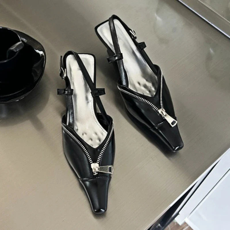 Pointed Toe Low Heels Mule Shoes Zipper Slingback Sandal Party Pumps Elegant Fashions High Heels