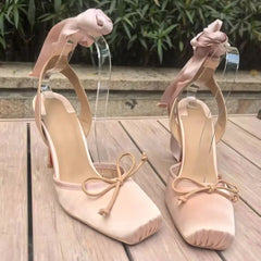 Pink Color Silk Satin Ankle Strap Lace-Up Ribbon Single Shoes Elegant Lady High Heels Dressing Party