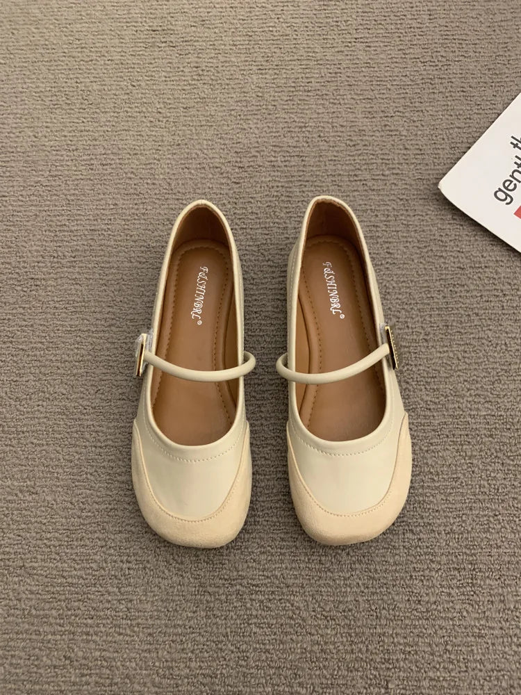 Leather Shallow Soft Sole Casual Mary Jane Shoes French Metal Buckle Flat Shoes
