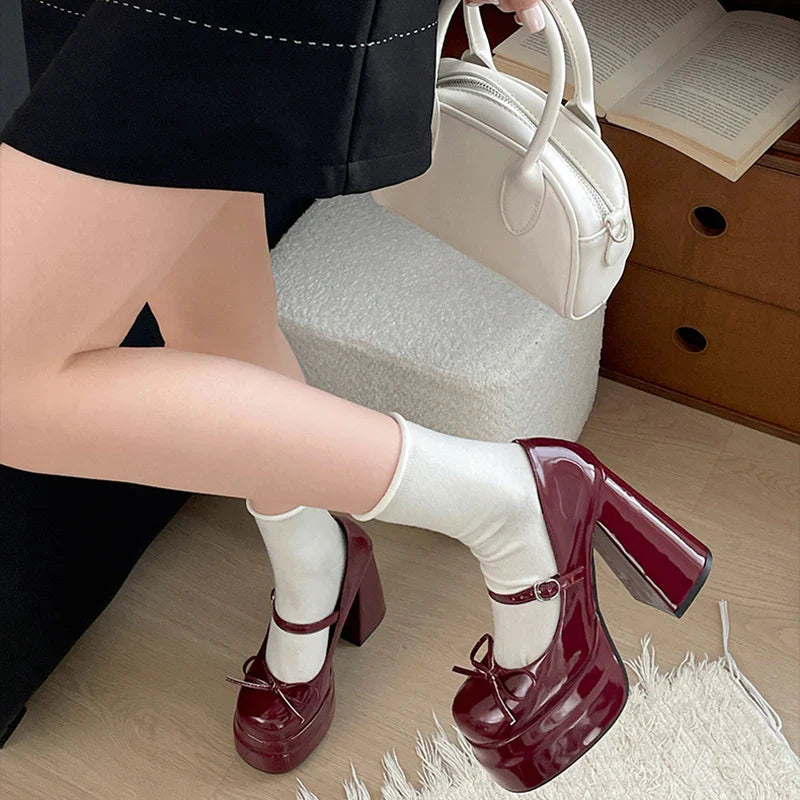 Platform Thick Heel Mary Jane Shoes Butterfly-knot Shoes Outdoor Dress Pumps