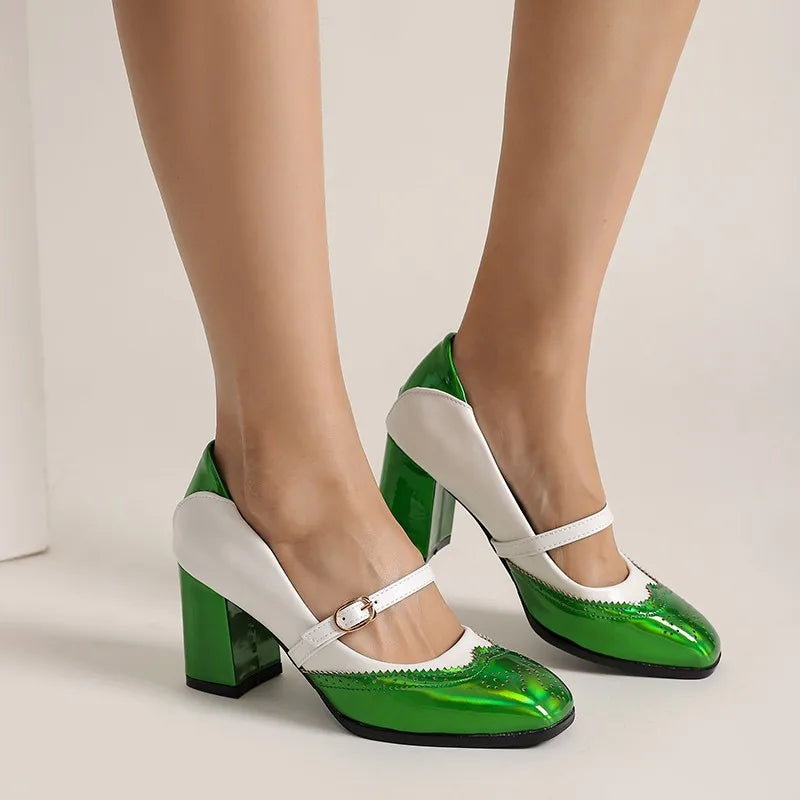 Green Orange Black Patent Leather Fretwork Pumps Sweet Shallow Mary Janes Shoes High Heels Footwear Size 48