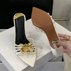 Pointed Toe White High Heels Party Slippers Metal Flowers Sandal Banquet Shoes Mules Slides