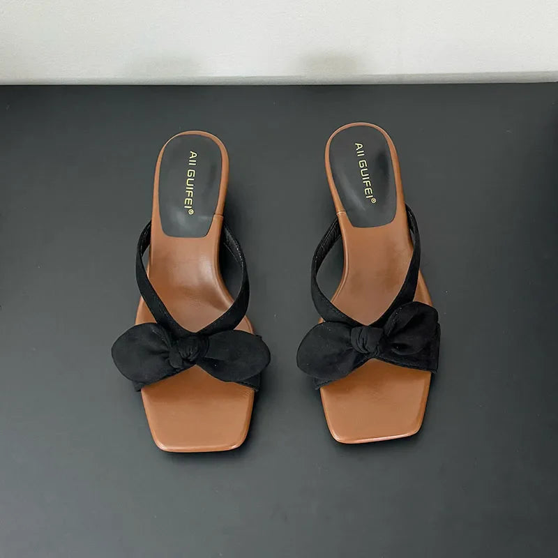 Low Heel Slides Slippers Shoes Butterfly-Knot Heeled Sandals