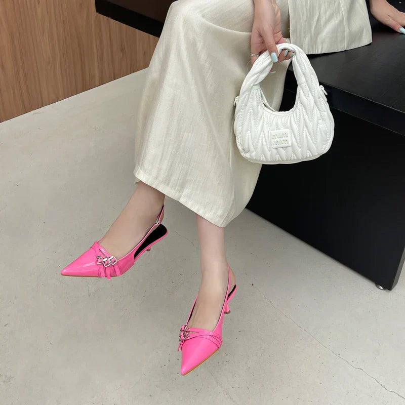 Orange Ladie Pumps Pink High Heels Pointed Toe Slingback Shoes Belt Buckle Low Heel Office Shoes Blue