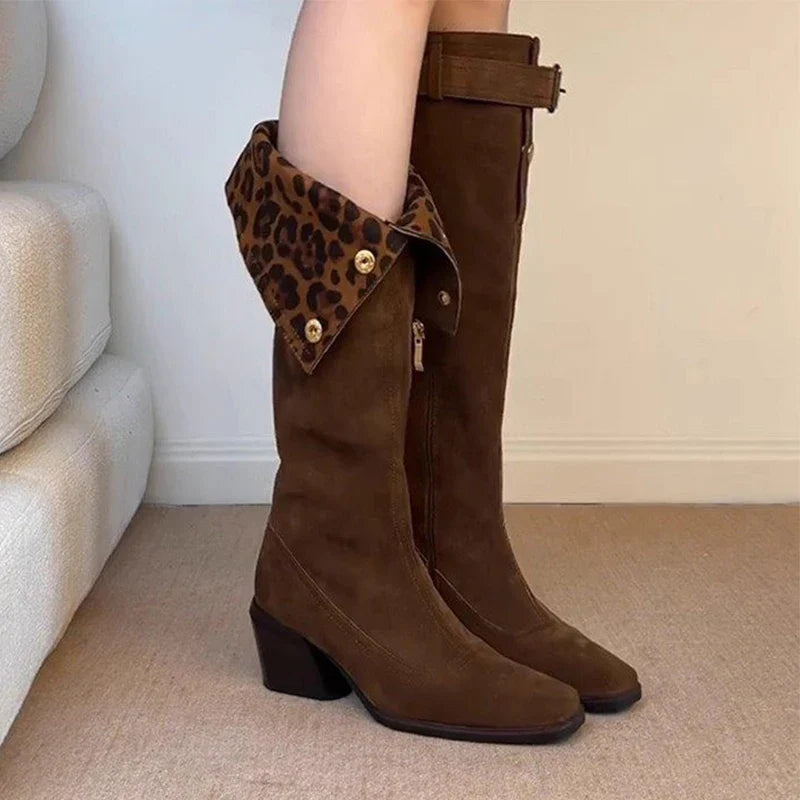 Leopard Knee High Boots High Heels Shoes Warm Long Boots Suede Pumps Chunky Chelsea Boots Snow Botas