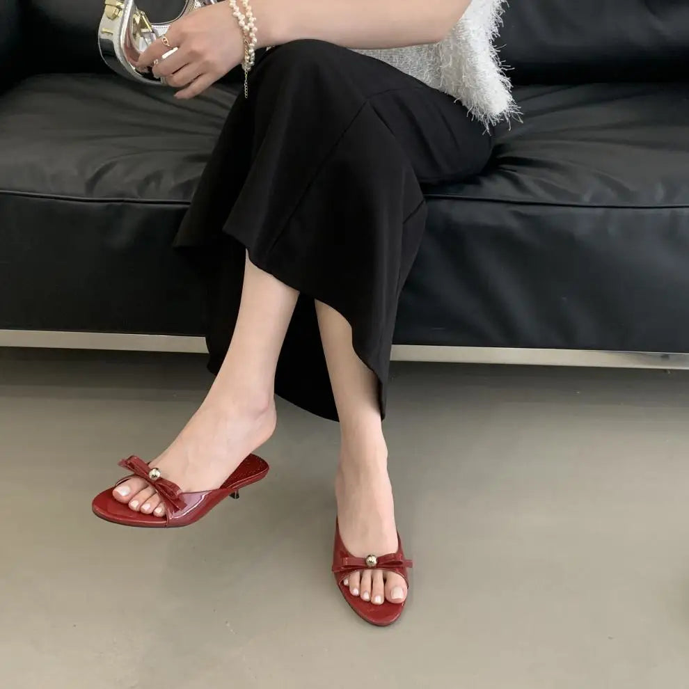String Bead High-Heeled Shoes Ladys Slippers Outdoor Slides Pantofle Butterfly-Knot Low Rubber Flip Flops Hawaiian PU