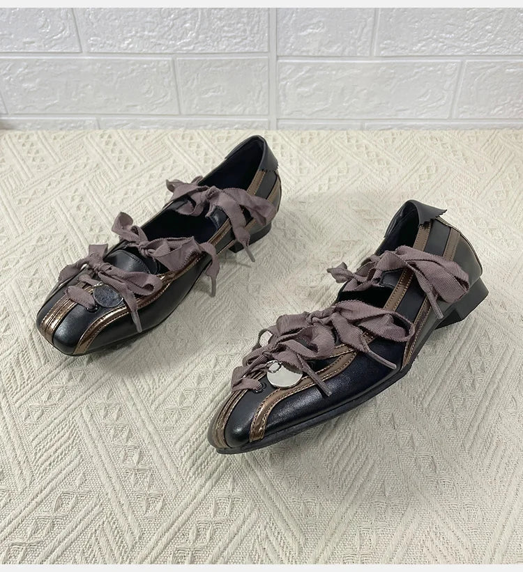 Lolita Square Toe Purple Flat Ballet Shoes Straps Bow Color Matching Mary Jane Shoes