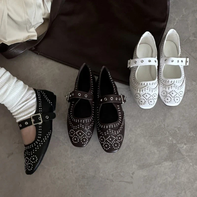 Retro Rivet Mary Jane Shoes Belt Buckle Round Toe Ballet Flats Comfortable Soft Sole Flat Shoes Zapatos De Mujer