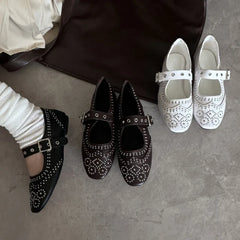 Retro Rivet Mary Jane Shoes Belt Buckle Round Toe Ballet Flats Comfortable Soft Sole Flat Shoes Zapatos De Mujer