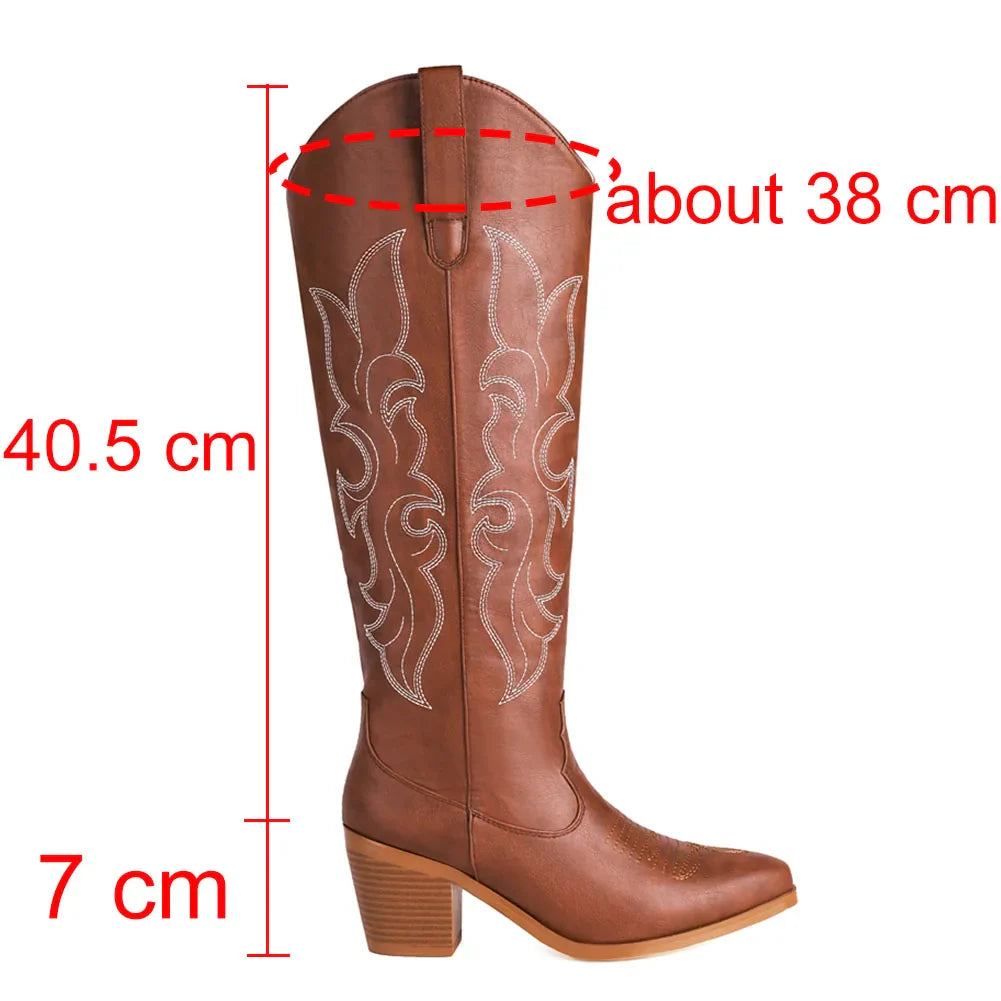 Western Cowboy Knee High Boots Pointed Toe Thick High Heeled Embroider Red Long Booties Trendy Shoes Woman