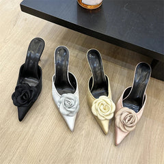 Flower Pointed Toe Shallow Thin High Heels Shoes Slide Mule Slippers