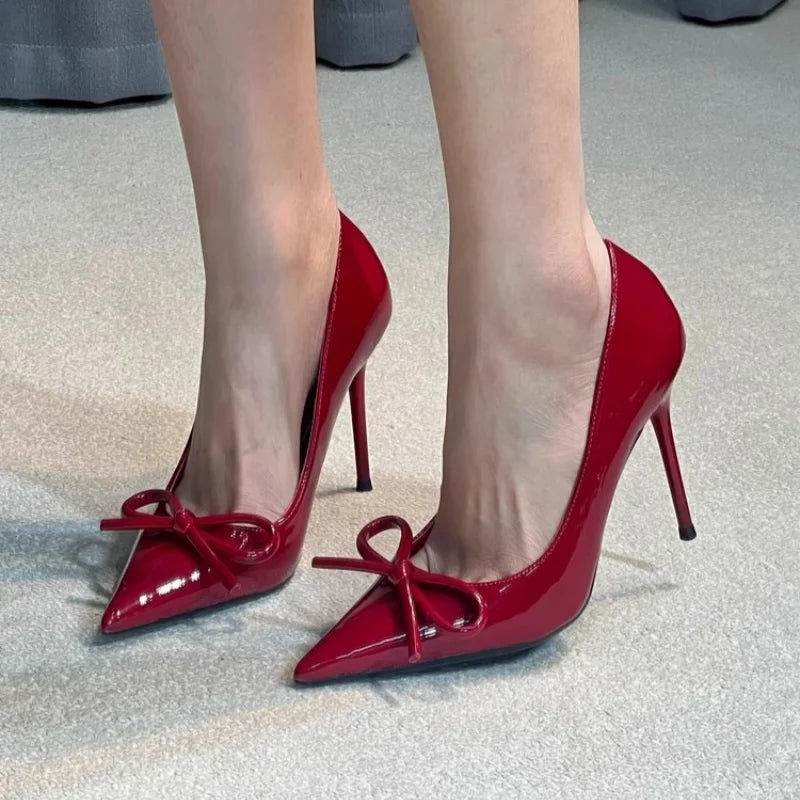 and pointed patent leather rhinestone bow shoes thin high-heeled banquet dress small size sandals