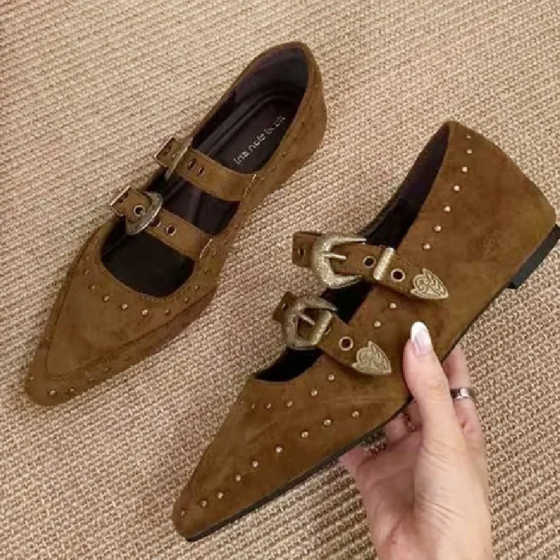 Rivets Pointed Toe Mary Jane Shoes High Quality Double Belt Buckle Design British Style Casual Flat Shoes