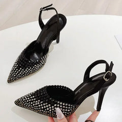 Rhinestones Pointed Toe Thin High Heels Hollow Buckle Brand Sandals Banquet Party Shoes