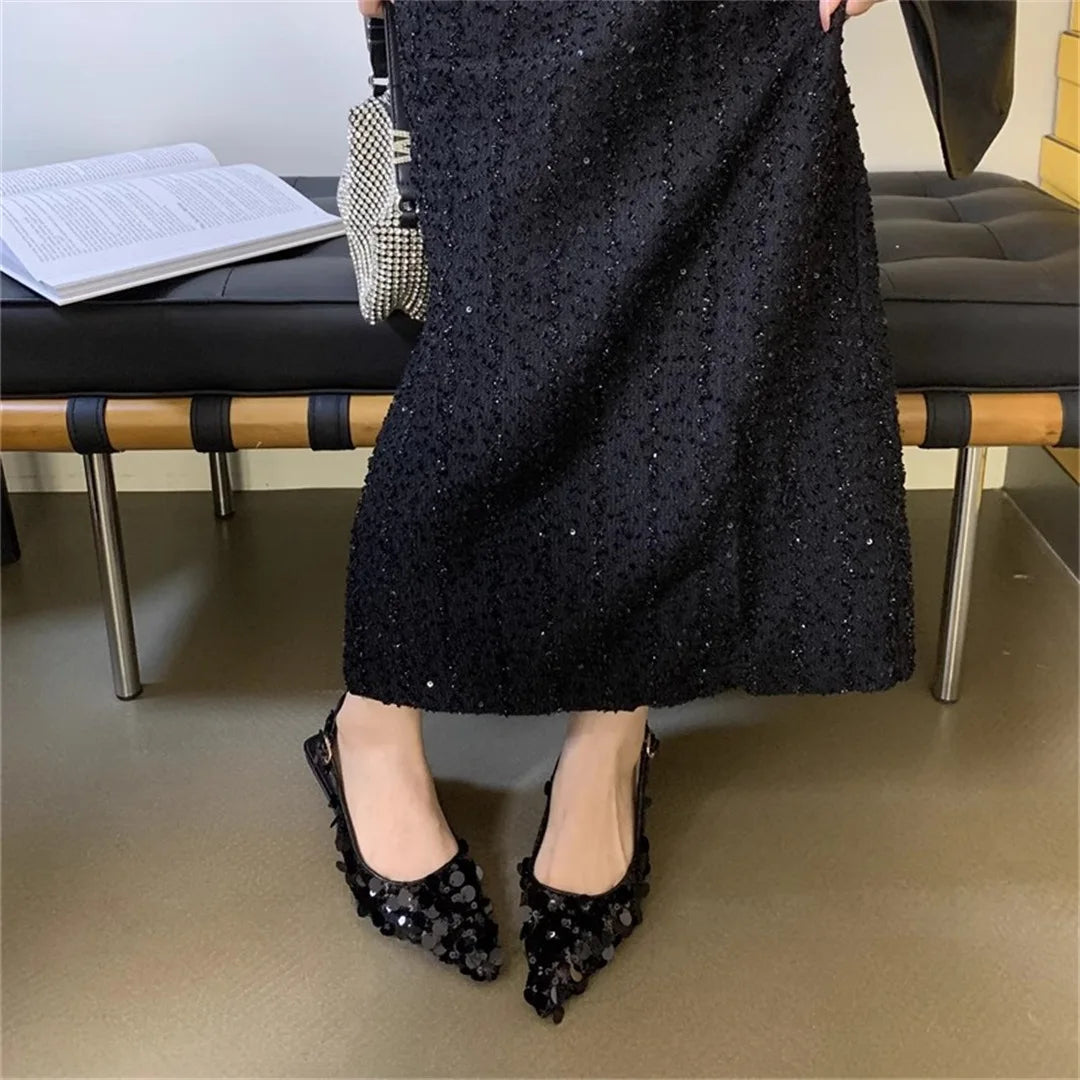 Low Sandals Woman Leather Shoes Closed Toe Bling Bling Suit Beige Heels Low-heeled Silver Retro Bright Black Girls