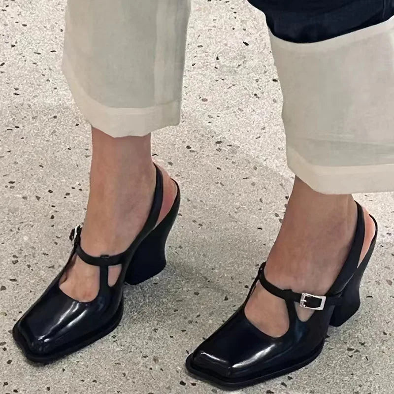 Black Patent Leather Mary Janes Slingbacks Wave Toe Chunky High Heels Office Lady Daily Shoes