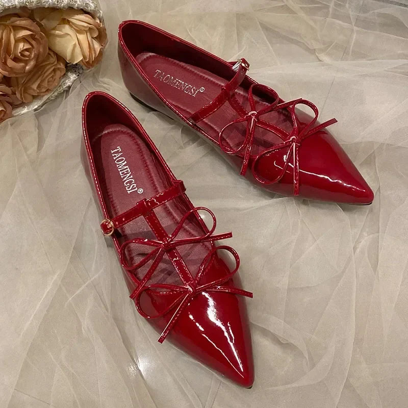 Pointed Toe Metal Buckle Bow T Strap Mary Jane Flats Elegant Banquet Dress Design Comfortable Single Shoes