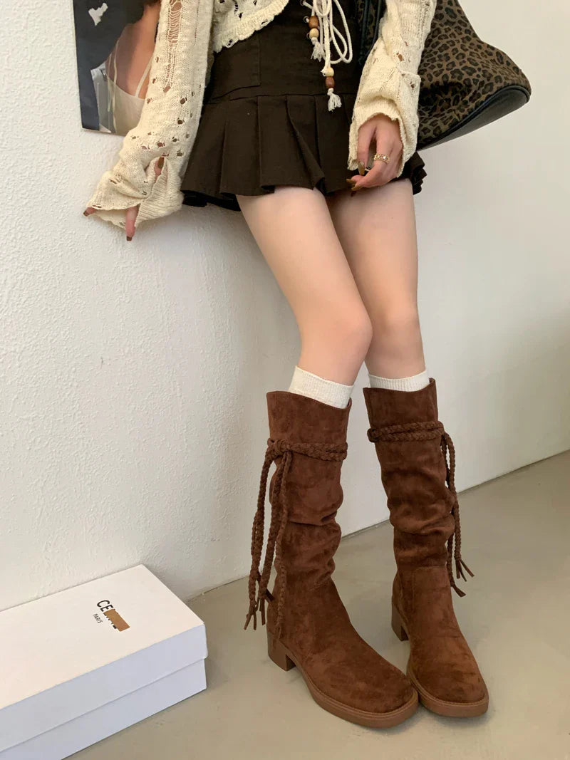 Brown Suede Boots Woman Round Toe Fall Gothic Shoes Chunky Heels Knee High Boots Western Style Shoes