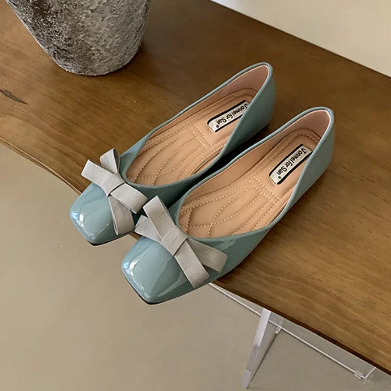 Mary Jane Shoes Square Toe Flats Shallow Dress Shoe Butterfly Knot Patent Leather Soft Soled Ballet Shoes