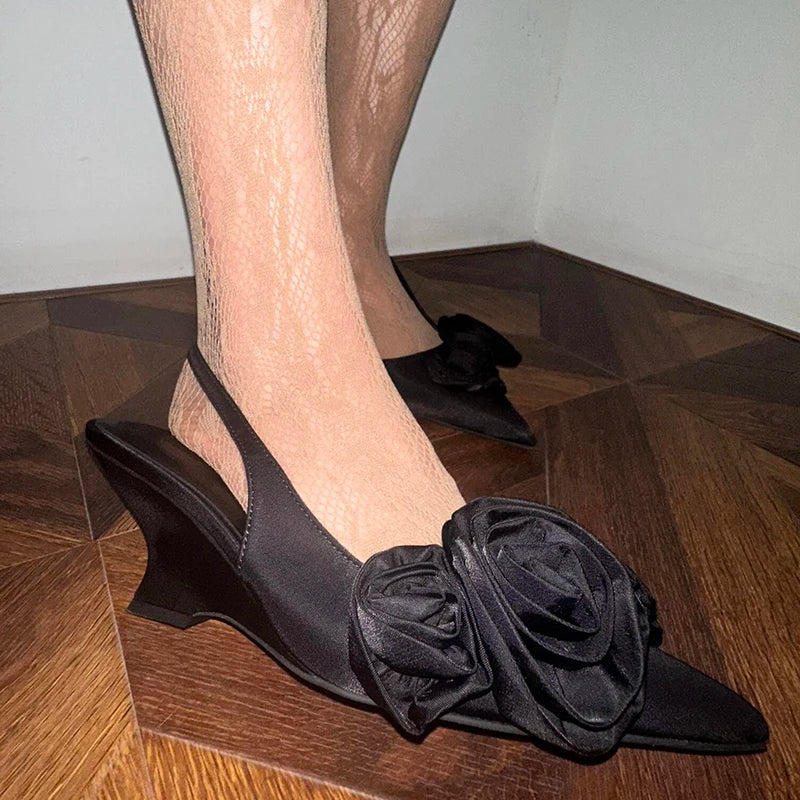 Denim Flower Wedges Sandals Pointy Toe Back Straps Lady Unique Street Dress Party Shoes