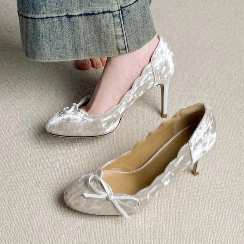 Brand High Heels Velvet Round Toe Butterfly-knot Pump Shallow Elegant Thin Heels Party