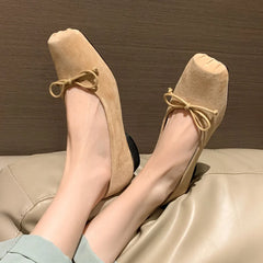 natural suede leather square toe slip-on ballet flats sweet bowtie casual ballerians soft comfort shoes