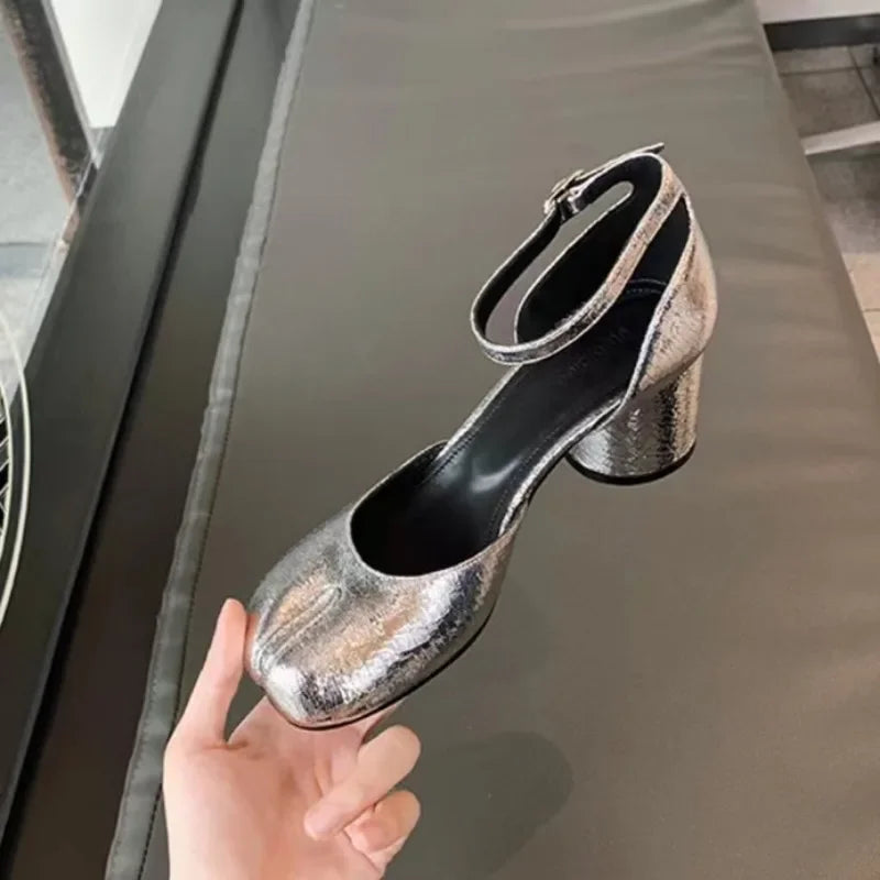 Tabi Ninja ShoesRound Split Toe Shallow Thick Heel Sandals Single Mid Heel Mary Janes