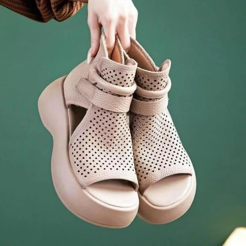 Hollow Breathable Hole Shoes Thick Sole Leather Fish Mouth Hook Loop Retro Comfortable Wedge Sandal Plus Size 43
