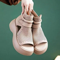 Hollow Breathable Hole Shoes Thick Sole Leather Fish Mouth Hook Loop Retro Comfortable Wedge Sandal Plus Size 43