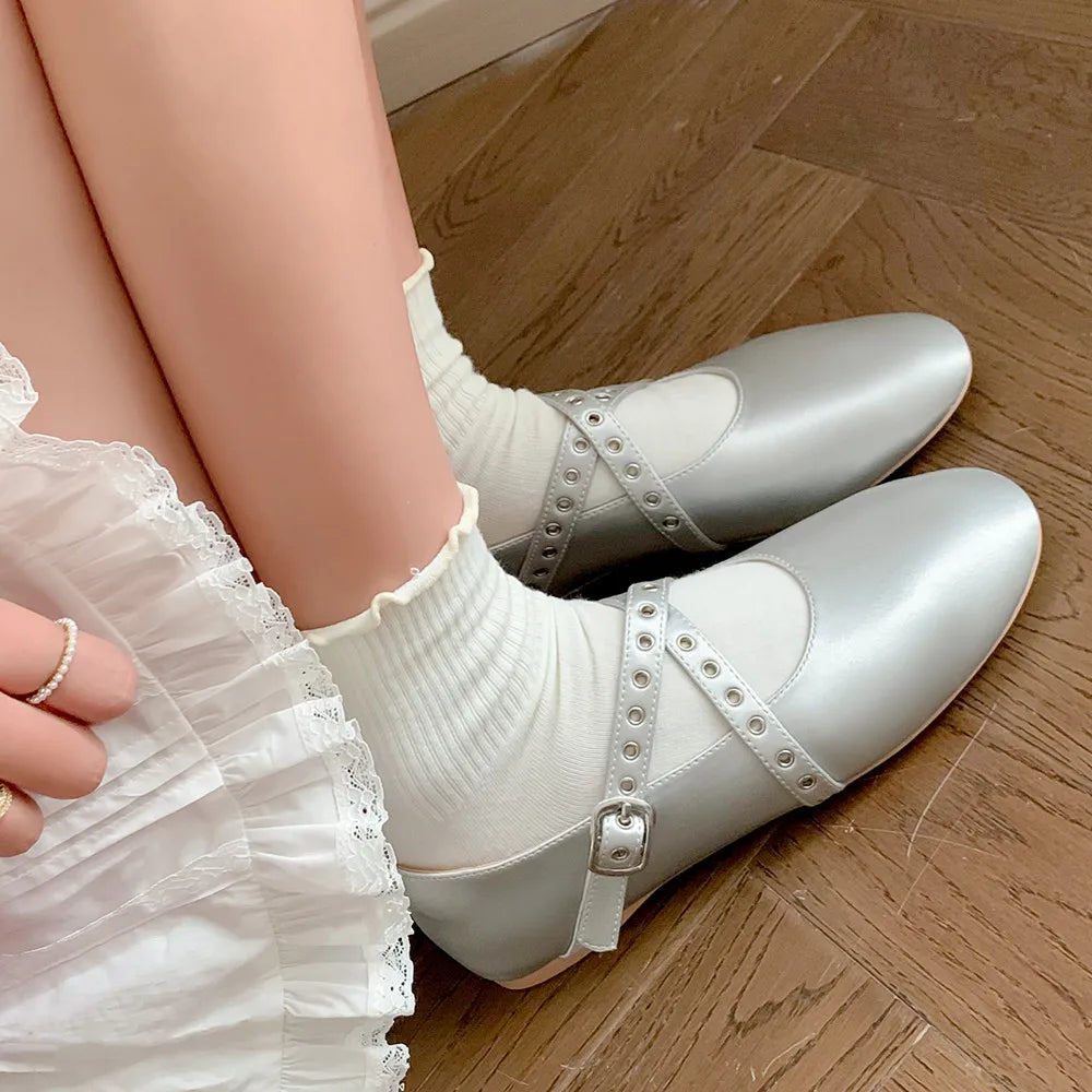 Flats Genuine Leather Ballet Flats Round Toe Buckle Strap Casual Comfortable Shoes Woman Concise