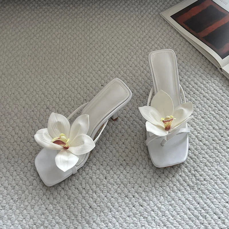 Flower Thin Heels Pumps Slides Shoes Flip flops Square Toe Heeled Sandals Shoes Big Size 43
