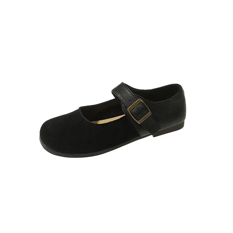 Leather Buckle Low Heel Mary Jane Shoes Soft Sole Casual Flat Shoes