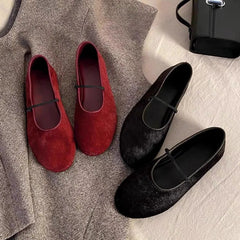 Round Toe Horsehair Ballet Flats Shoes Elastic Band Elegant Red Mary Janes Shallow Black Loafers