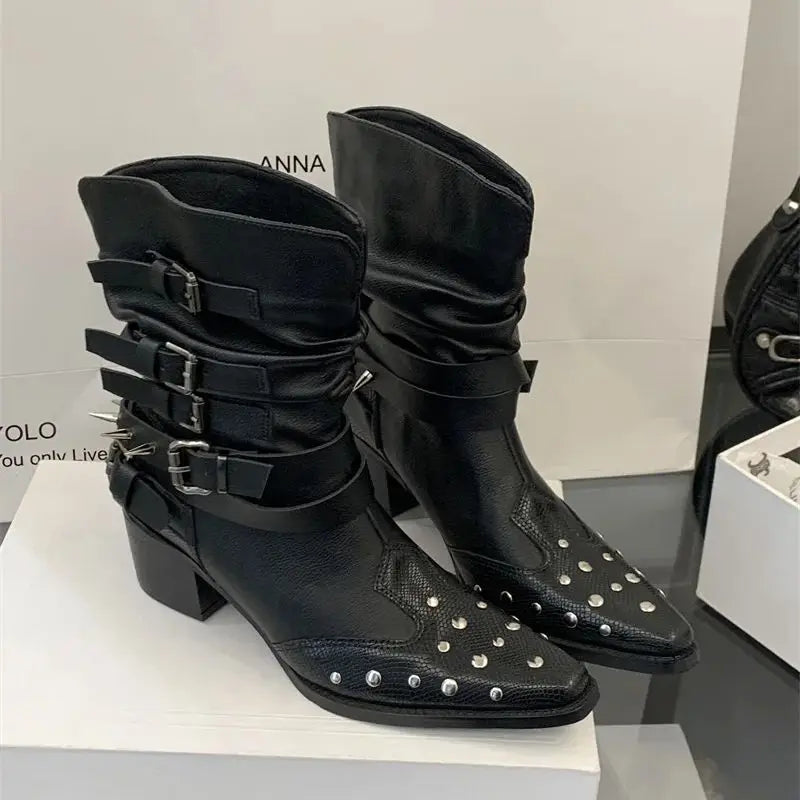 Black Gothic Shoes Platform Rivet Belt Buckle Chunky Heels Ankle Boots Punk Woman Cowboy Western Boots Arrival