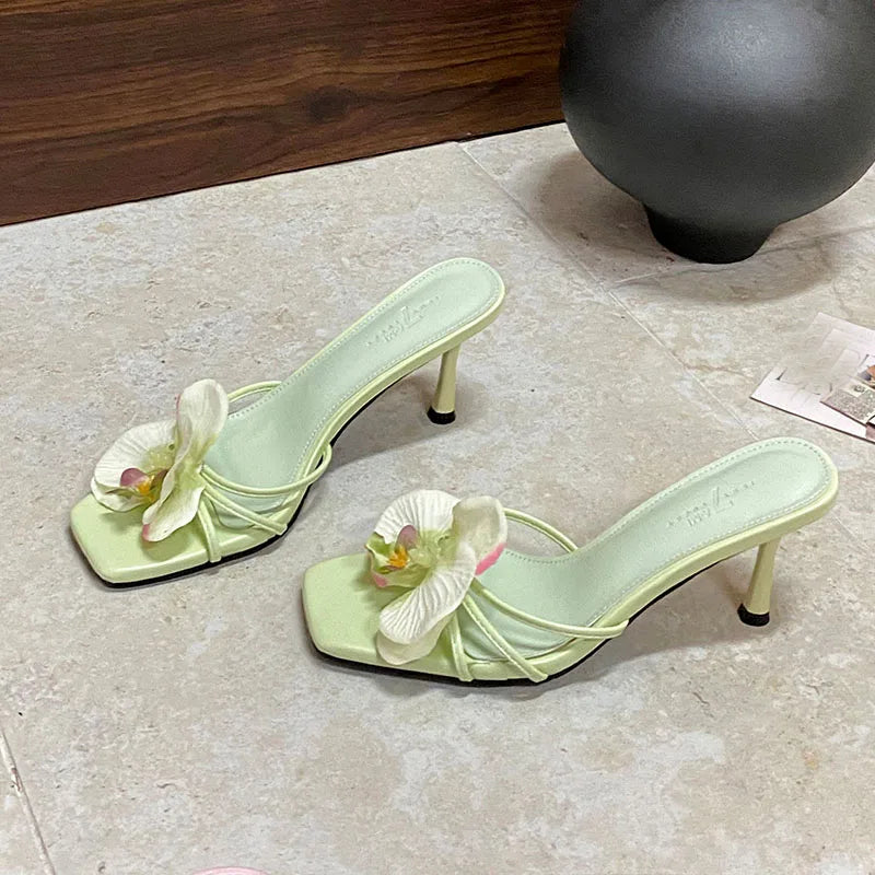 Slip Square Toe High Heels Pumps Slides Shoes Flower Thin Heels Shoes 2025