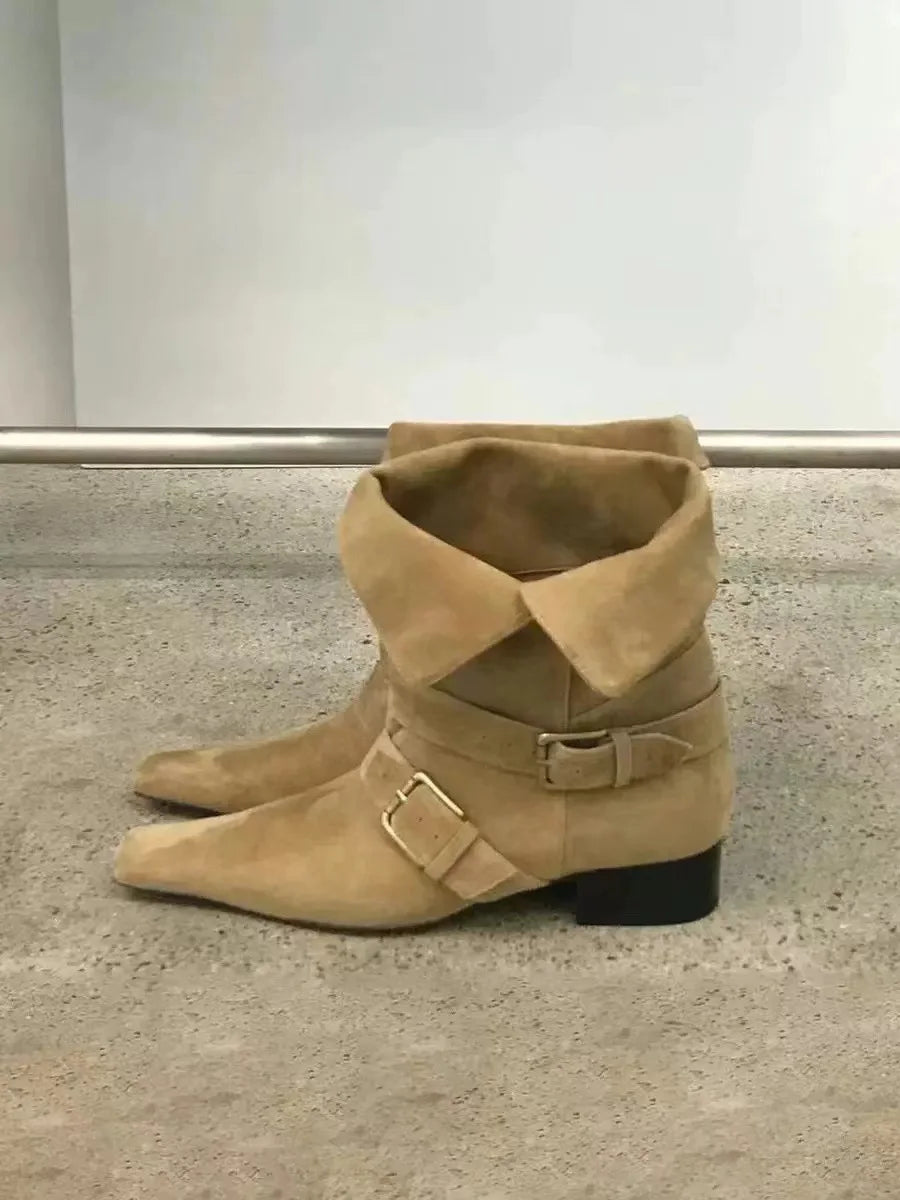 Genuine Leather Butterfly Knot Wrapped Strap Short Ankle Boots Polished Color Distressed Flat Bottomed Bare Shoes
