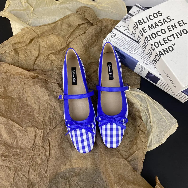 High Quality Checkered Design Mary Jane Shoes Inner Height Increase Flat Ballet Shoes Comfortable Soft Bottom