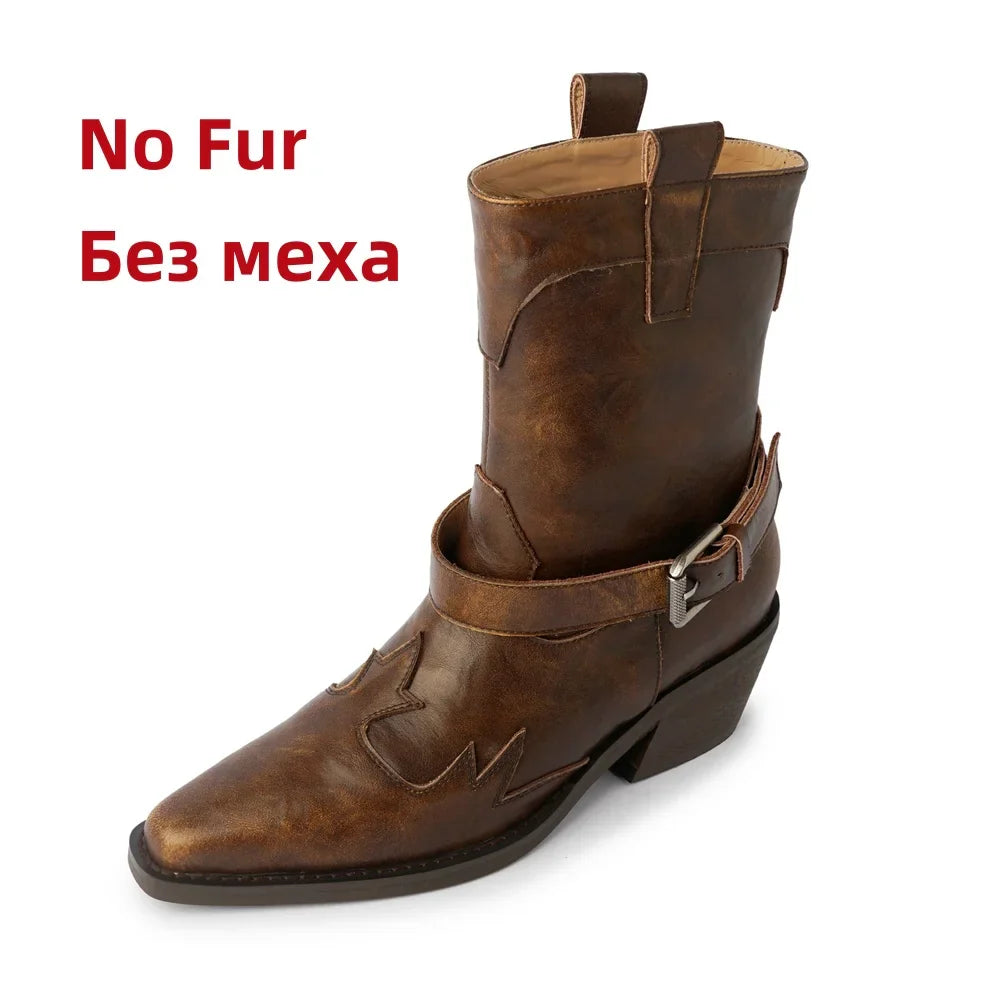 Ankle Boots Genuine Leather Chunky High Heels Shoes