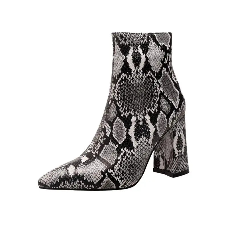 Snake Print Pu Leather Ankle Boots Zip Pointed Toe Footwear Block High Heels Boot Party Shoes 43