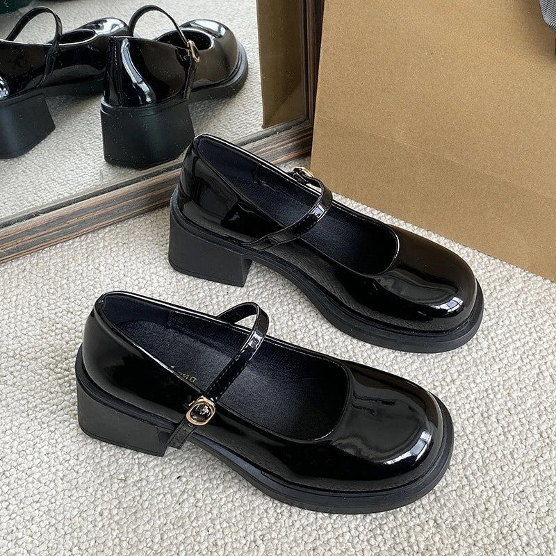 Mary Jane Shoes Simple Glossy PU Causal Uniform Low-heeled Shoes Versatile Lolita Pumps