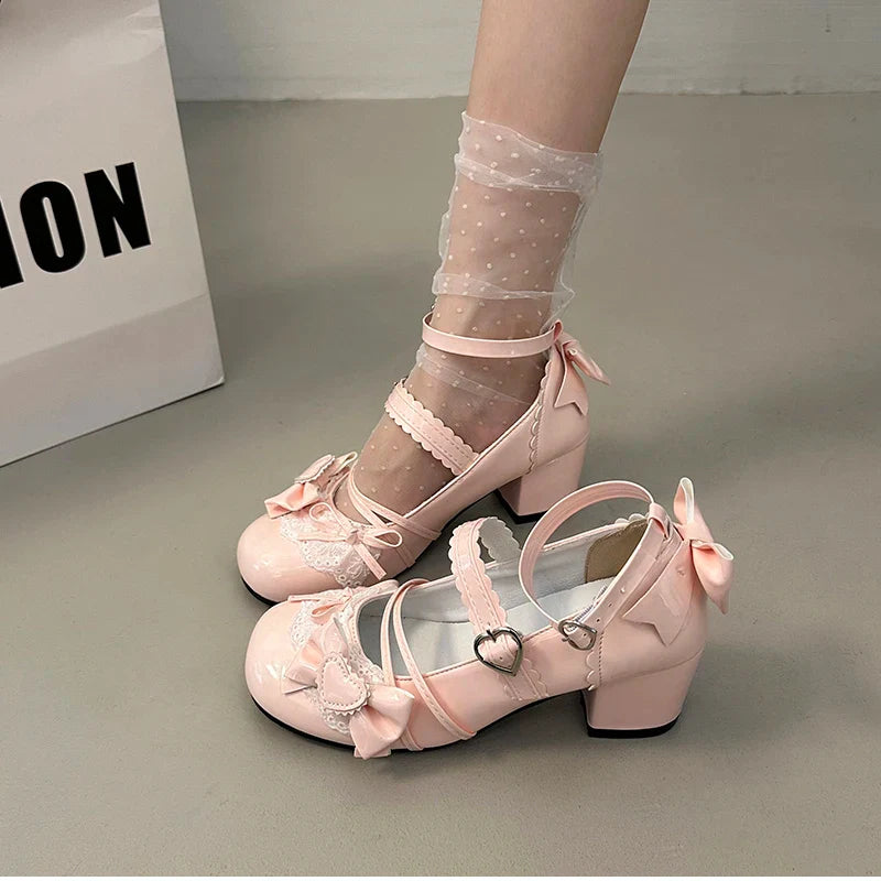 Butterfly-knot Lolita Mary Jane Shoes Elegant Round Toe Thick Heel Shoes Dress Pumps